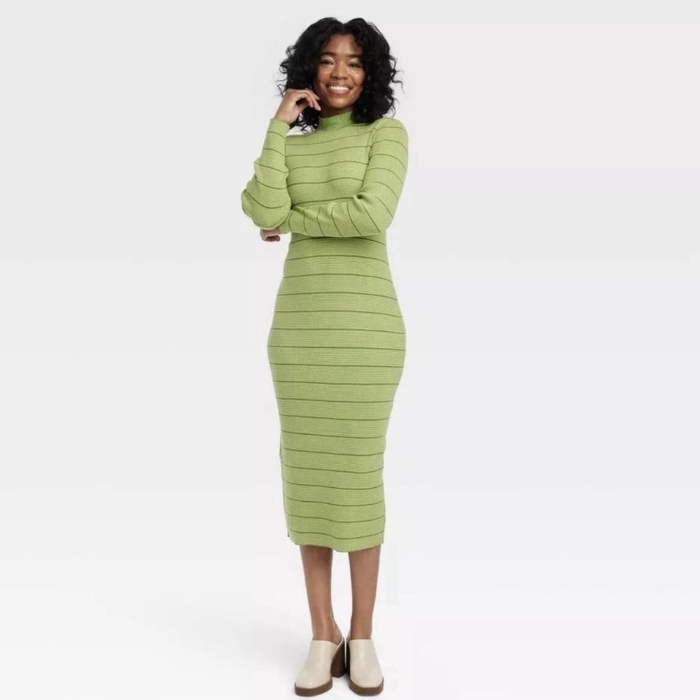 House of Aama Long Sleeve Green Striped  Soft Knit Dress